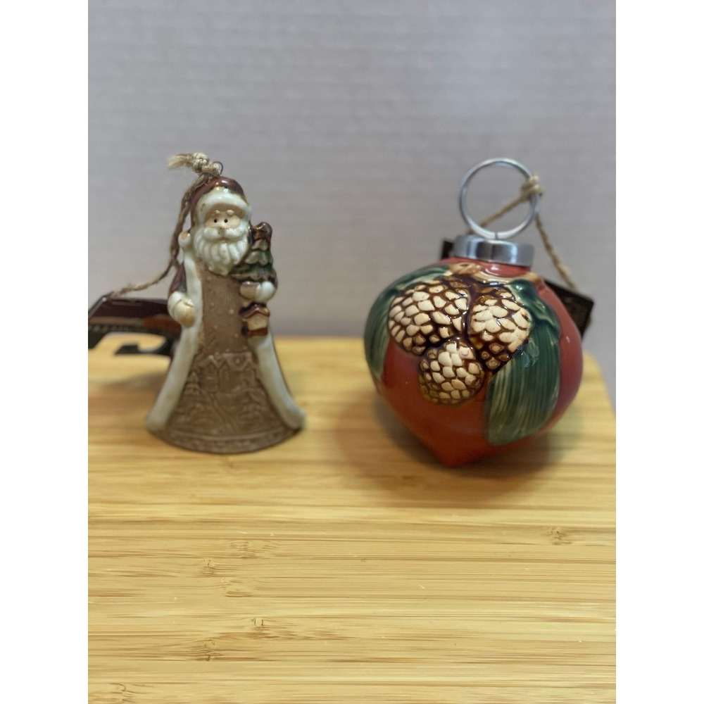 Set of 2 Rustic Cracker Barrel Country Store Christmas Ornaments Santa Pine Cone